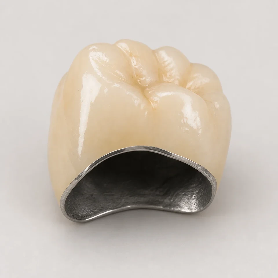 Porcelain-fused-to-metal crown shown from the fitting surface, with the metal coping visible