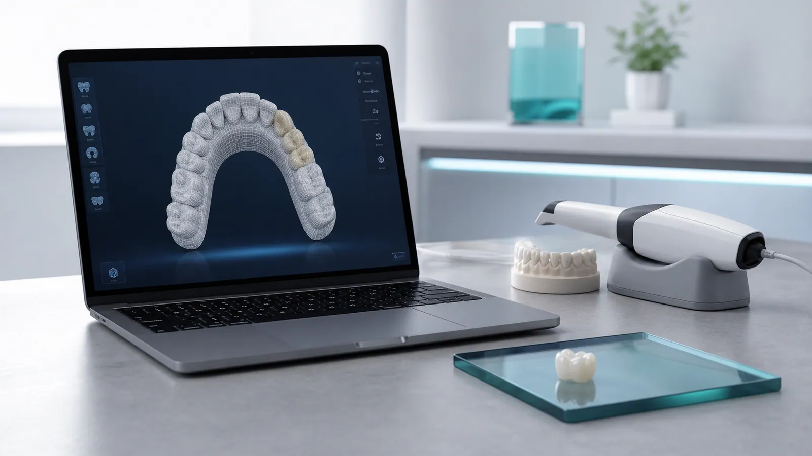 Desktop workstation showing a dental scan being reviewed on screen.
