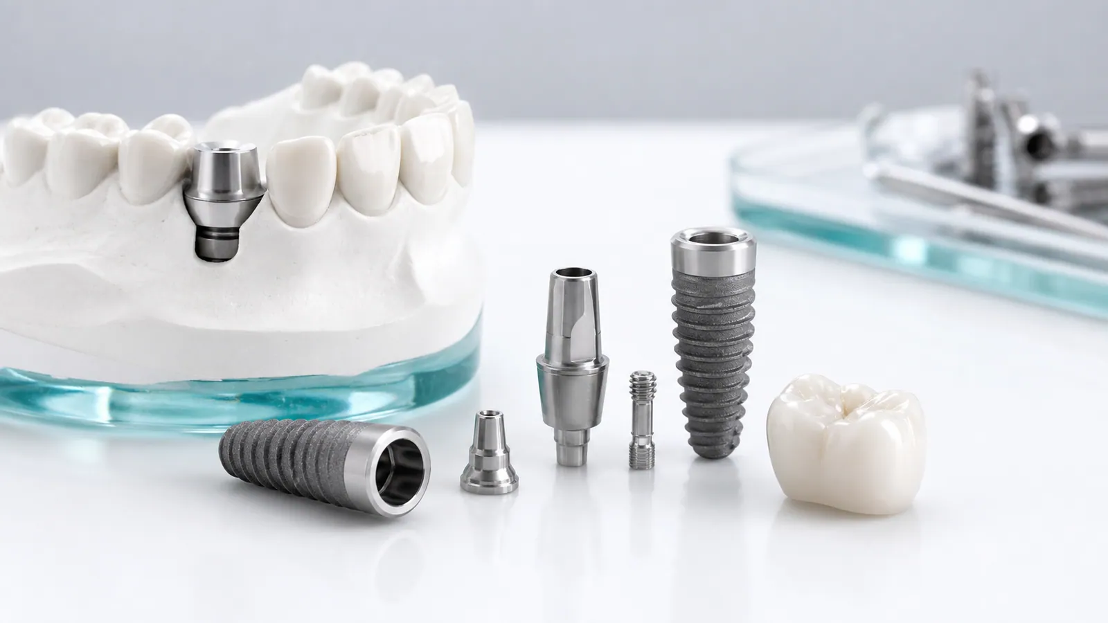 Implant components and a dental model with an implant-supported crown