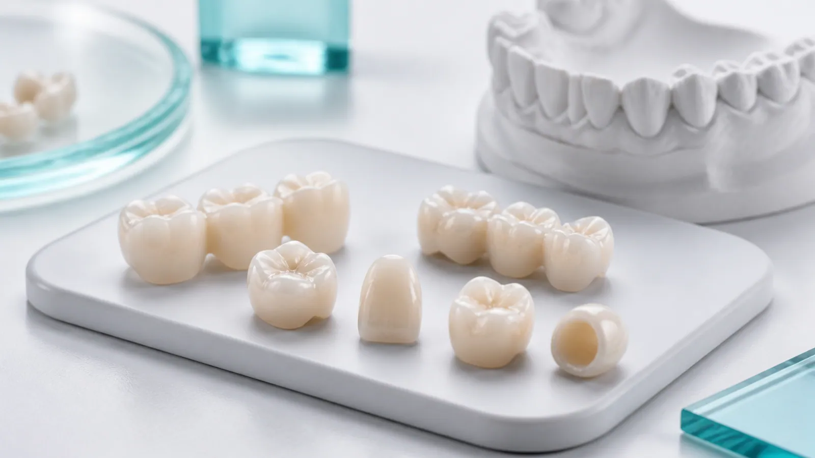 Crowns, veneers and a bridge arranged on a tray beside a dental model