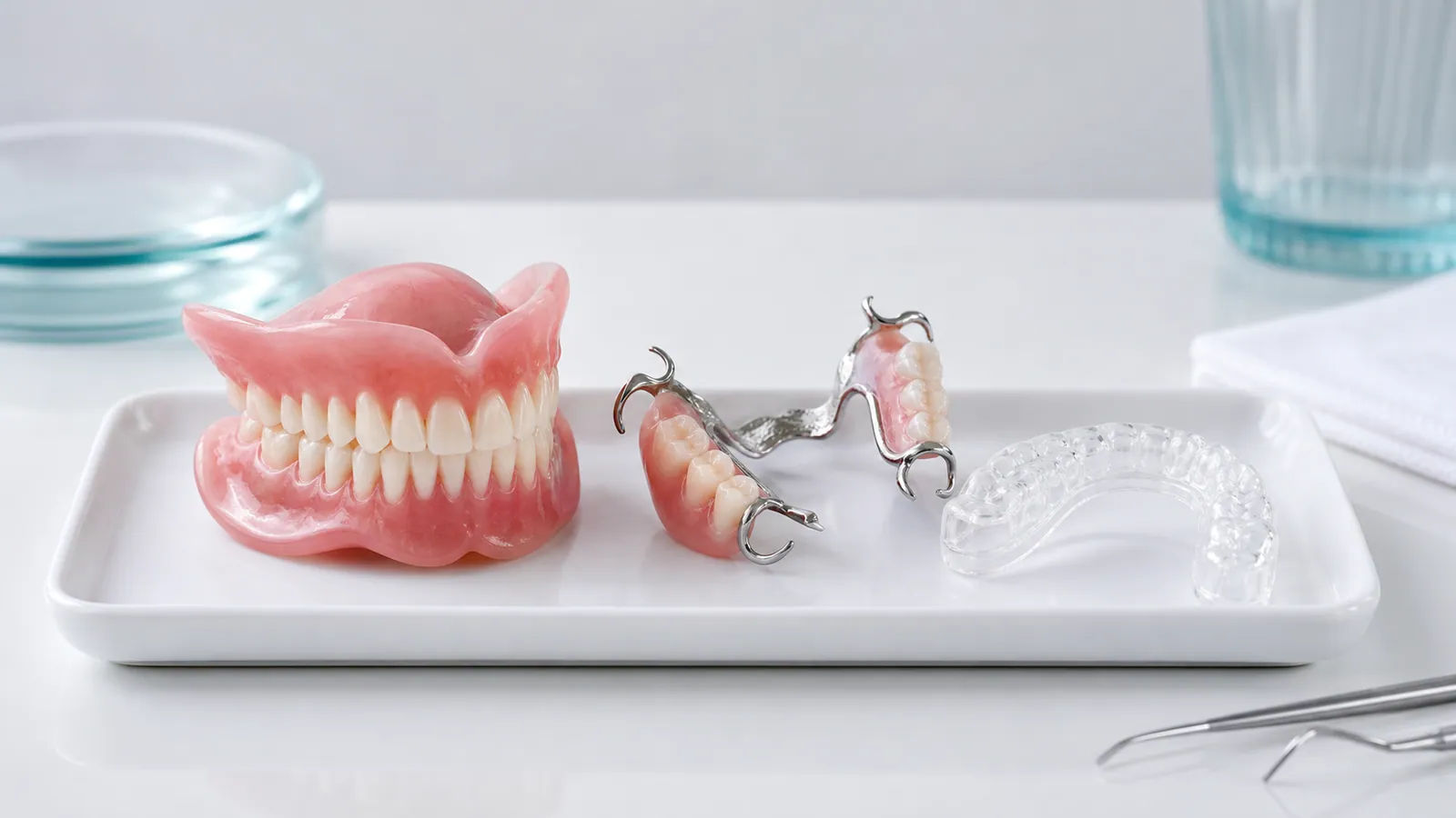 Full denture, partial dentures and a clear appliance on a tray