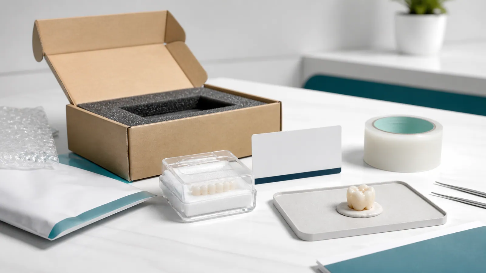 A shipping coordinator arranging dental case packaging and courier labels on a desk.